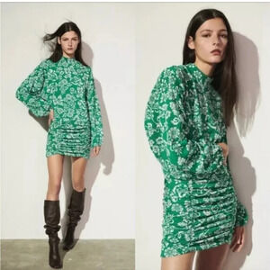 Zara Green Floral Puff-Sleeve Mini Dress